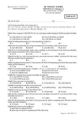 Đề 2 thi trắc nghiệm môn Hóa 12 - Chương 1, 2 thời gian làm bài 45 phút